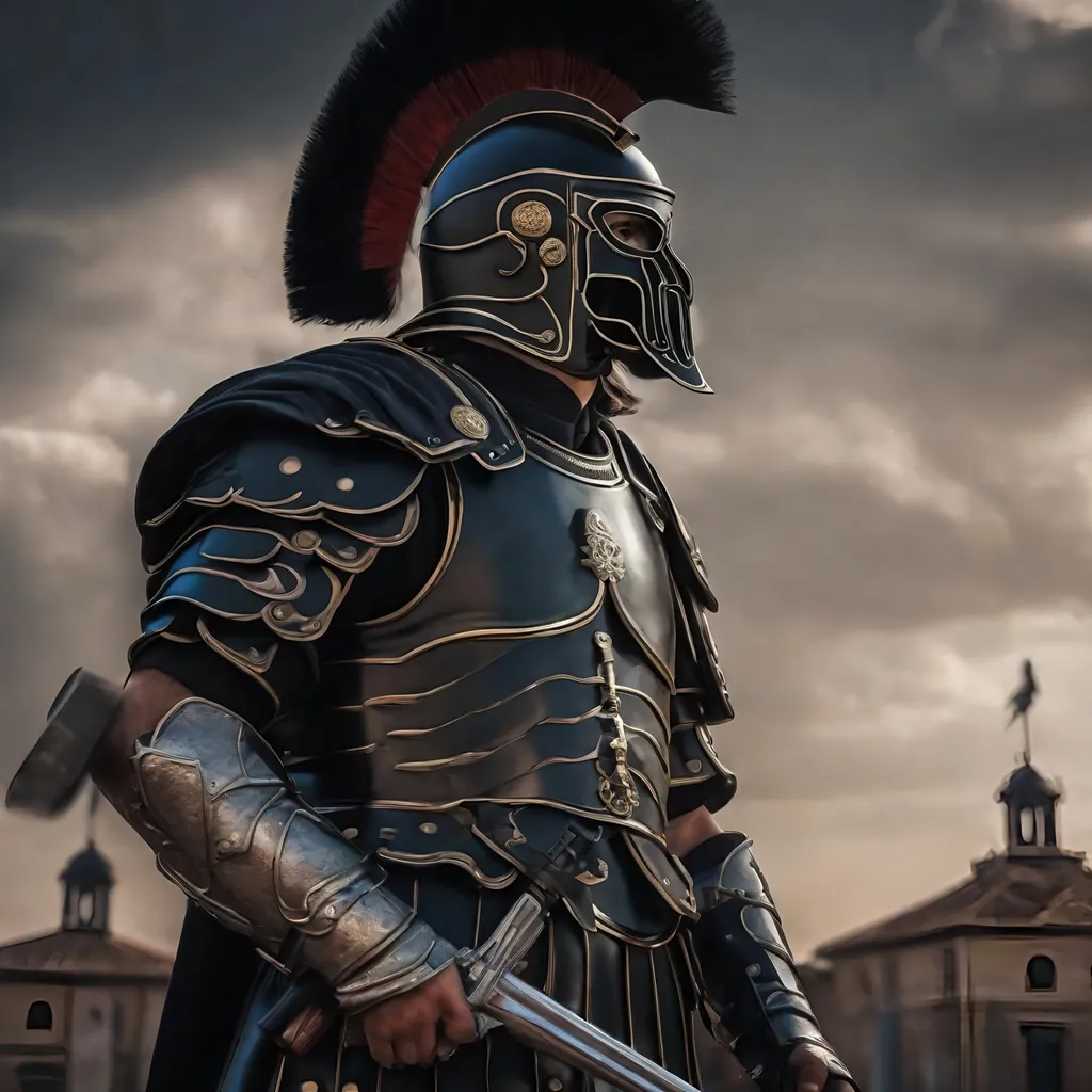 Prompt: A modern roman military male in black military armor galea helmet of roman armor, and gas mask, background military base, Hyperrealistic, sharp focus, Professional, UHD, HDR, 8K, Render, electronic, dramatic, vivid, pressure, stress, nervous vibe, loud, tension, traumatic, dark, cataclysmic, violent, fighting, Epic