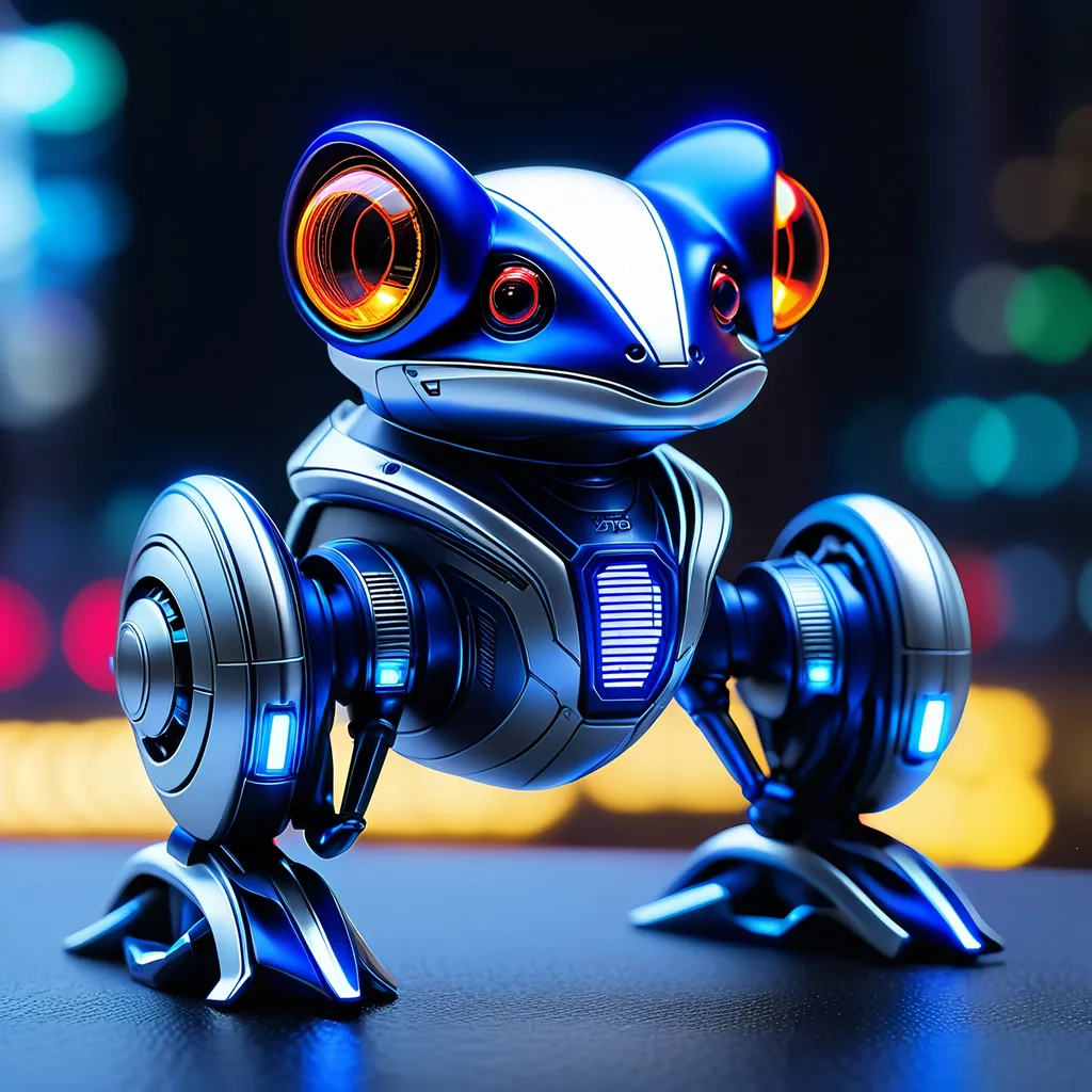 Prompt: Tiny frog mech, metallic and sleek design, futuristic sci-fi style, intense royal blue and white color scheme, sparkling neon lights, miniature scale, highres, ultra-detailed, sci-fi, futuristic, metallic sheen, intense color scheme, miniature scale, neon lights, detailed design, professional, atmospheric lighting