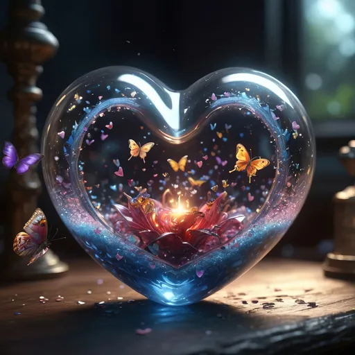 Prompt: insanely detailed gorgeous Glass_Heart with a magical_glowing_liquid inside surrounded_by fairy dust, Butterflies, Hearts, Love energy, :: in the style of Alice_in_Wonderland, :: Perfect_proportions, a masterpiece, 8k_resolution, dark_fantasy_concept_art, by Greg_Rutkowski, dynamic_lighting, Hyperrealistic, intricately_detailed, Splash screen art, trending on Artstation, deep_color, Unreal_Engine, volumetric lighting,