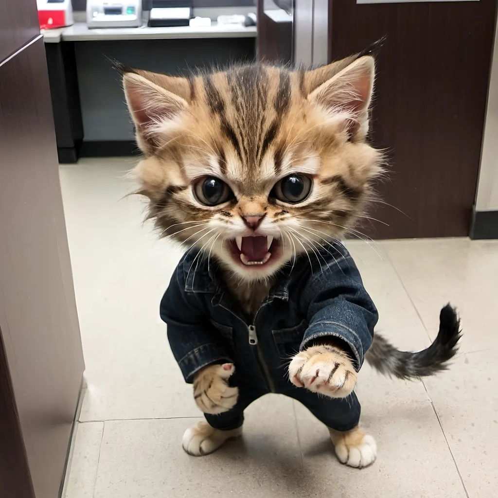 Prompt: very angry kitten robbing bank.