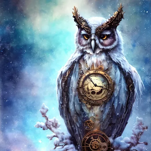 Prompt: ""<lora:Cosmic steampunk:1.0> Dreamy cloudy effect romantic very large white owl with icy snow background, sitting on a snow covered branch with icicles hanging from the branch, stylized, iridescent, intricate, fantastic, fantasia, fantasy, dreamy, watercolor, flared edges, beautiful bright white"