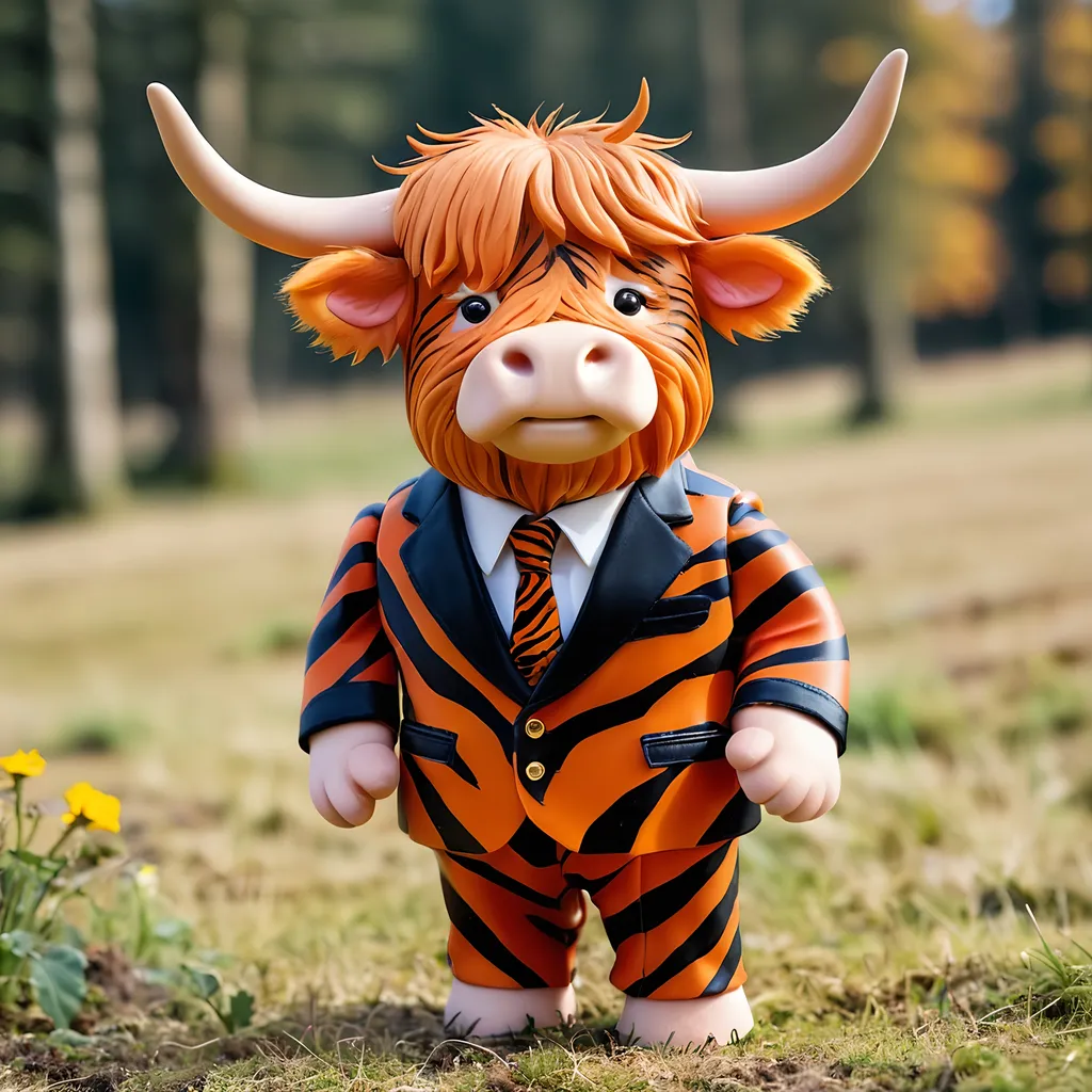 Prompt: Highland cow wearing a tiger striped suit.