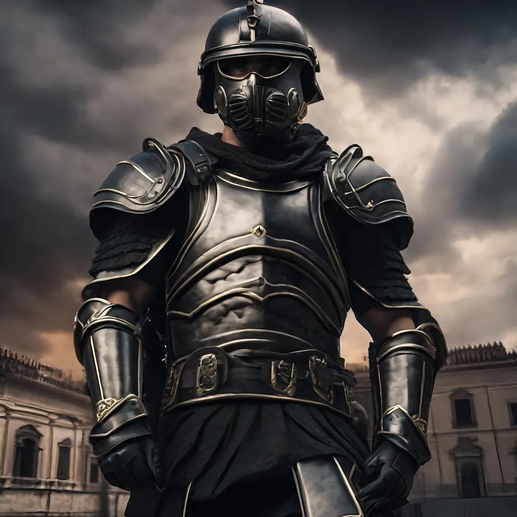 Prompt: A modern roman military male in black military armor galea helmet of roman armor, and gas mask, background military base, Hyperrealistic, sharp focus, Professional, UHD, HDR, 8K, Render, electronic, dramatic, vivid, pressure, stress, nervous vibe, loud, tension, traumatic, dark, cataclysmic, violent, fighting, Epic