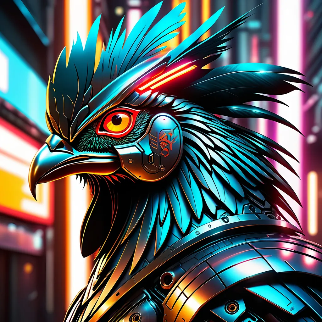 Prompt: Futuristic sci-fi illustration of a metallic rooster mech, sleek design, detailed metal textures, high-tech enhancements, intense and focused gaze, cool-toned lighting, urban cyberpunk setting, best quality, highres, ultra-detailed, sci-fi, futuristic, metallic, sleek design, detailed textures, intense gaze, cool-toned lighting, cyberpunk