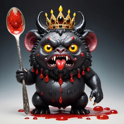 Prompt: A round behemoth with racing red slime-like skin and a yellow tongue and evil eyes with a mane of black onyx crystals holding a oversized spoon, wearing a tiara in  magical art style