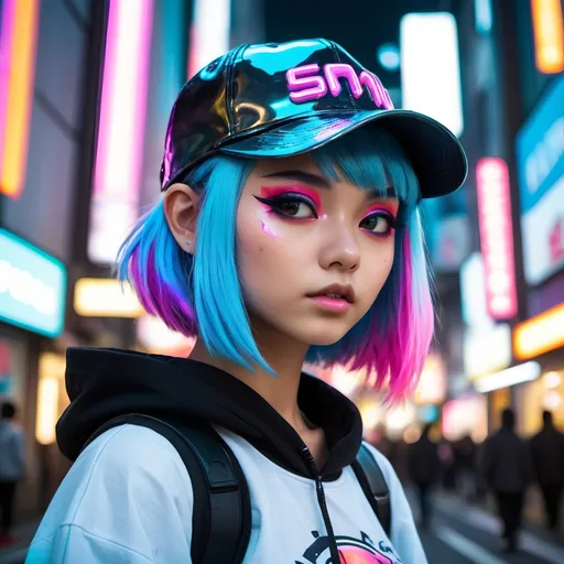 Prompt: Liquid metal Harajuku girl with vibrant colors, a squirtle cap hat, futuristic fashion, neon-lit streets, anime, cyberpunk, metallic sheen, colorful hair, edgy makeup, urban setting, highres, vibrant colors, cyberpunk, liquid metal, anime, futuristic, neon-lit streets, vivid and vibrant, metallic sheen, edgy makeup, urban setting, high quality