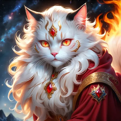 Prompt: wizard cat with {red fur} and {ruby red eyes}, senior female cat, fire element, flame, Erin Hunter, gorgeous anime portrait, beautiful cartoon, 2d cartoon, beautiful 8k eyes, elegant {red fur}, pronounced scar on chest, fine oil painting, modest, gazing at viewer, beaming red eyes, glistening red fur, low angle view, zoomed out view of character, 64k, hyper detailed, expressive, timid, graceful, beautiful, expansive silky mane, deep starry sky, golden ratio, precise, perfect proportions, vibrant, standing majestically on a tall crystal stone, hyper detailed, complementary colors, UHD, HDR, top quality artwork, beautiful detailed background, unreal 5, artstaion, deviantart, instagram, professional, masterpiece