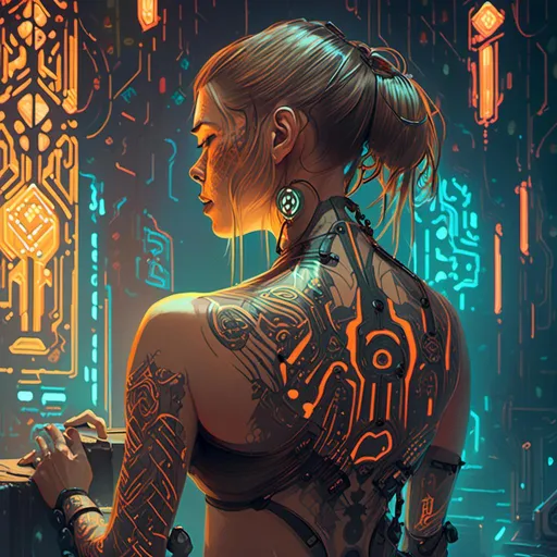 Prompt: An ominous 
muscly monk with  her  back

fully tattooed by glowing neon circuitry 

, a stunning Alphonse Mucha's masterpiece in <mymodel> sci-fi cyberpunk artstyle by Anders Zorn and Joseph Christian Leyendecker

, neat and clear tangents full of negative space 

, detailed dramatic lighting with contrasting shadows and highlights enhancing depth of perspective and 3D volumetric drawing

, a  vibrant and colorful high quality digital  painting in HDR