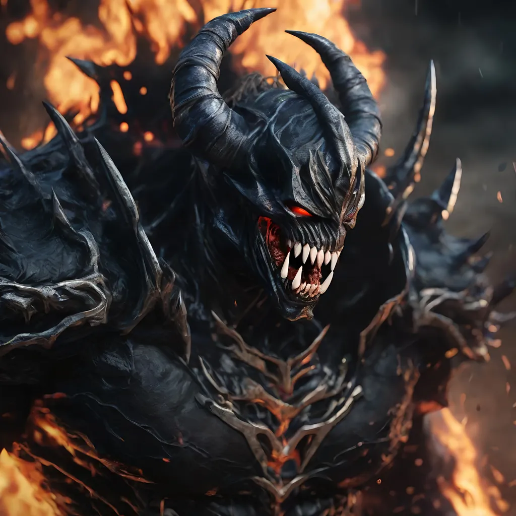 Prompt: Death Knight with a Venom mouth (Venom movie), with horns forward on his forehead, fire eyes, Hyperrealistic, sharp focus, Professional, UHD, HDR, 8K, Render, electronic, dramatic, vivid, pressure, stress, nervous vibe, loud, tension, traumatic, dark, cataclysmic, violent, fighting, Epic