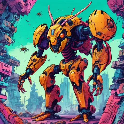 Prompt: Giant hornet mech hunting some poor souls.
Science Fiction, Retrofuturism, Body horror, Cosmic Horror, Fine inking, Clean linework, comic illustration, flat shading, Colour transitions, Maximalism, Beautifully illustrated forms, beautiful background scenery, Warm and cold colour mix, Triadic colour palette, Dark vibrancy, Complexity, Storytelling, Dynamic Poses, High quality, Sharp focus, Tight colour range, Full scene, Filmic, 