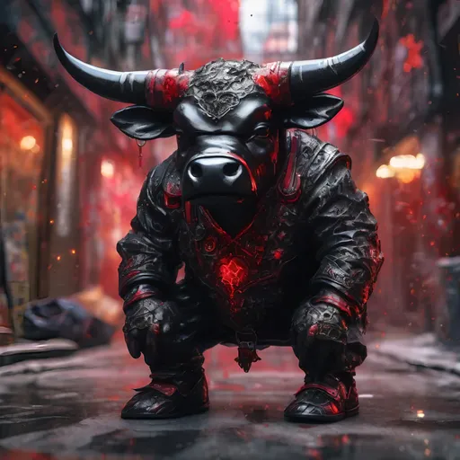 Prompt: A black and red translucent small dwarf bull humanoid made of black carbon fiber, graffiti all over it, standing up in the ghetto, highly detailed painting, photorealistic, sparkles, magical atmosphere, 8k