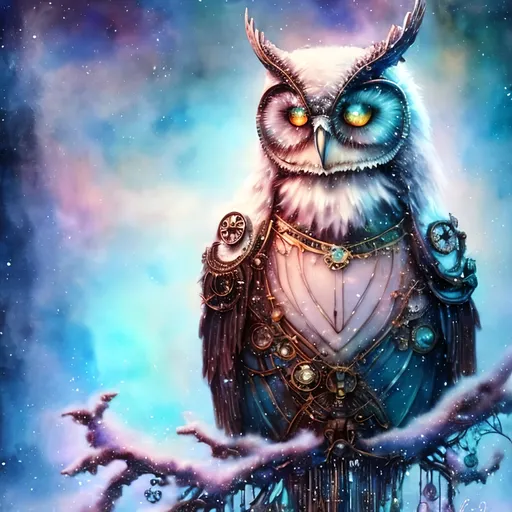 Prompt: ""<lora:Cosmic steampunk:1.0> Dreamy cloudy effect romantic very large white owl with icy snow background, sitting on a snow covered branch with icicles hanging from the branch, stylized, iridescent, intricate, fantastic, fantasia, fantasy, dreamy, watercolor, flared edges, beautiful bright white"