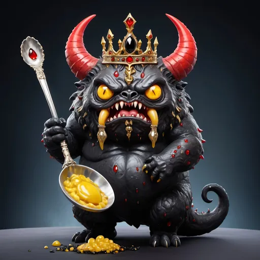 Prompt: A round behemoth with racing red slime-like skin and a yellow tongue and evil eyes with a mane of black onyx crystals holding a oversized spoon, wearing a tiara in  magical art style