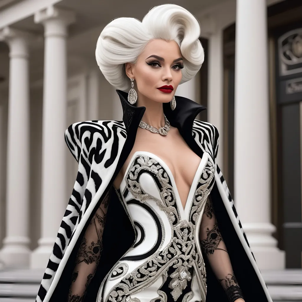 Prompt: Extremely accurated and detailed hyper realistic Cruella in a very detailed Versace dress 