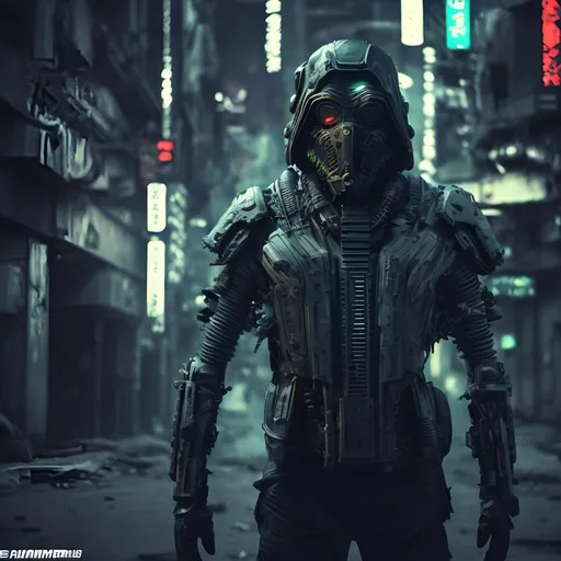 Prompt: Villain. Futuristic military armour with black and NEON trim. Slow exposure. Detailed. Male masked. Dirty. Dark and gritty. Post-apocalyptic Neo Tokyo. Futuristic. Shadows. Sinister. Brutal. Intimidating. Evil. Bionic enhancements. Fanatic. Intense. Hunter