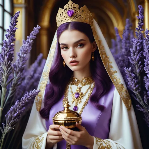 Prompt: SHivering of evil intention deep in her eyes , glamorous supermodel, heart attack gastronomy fashion holy ark of covenant discovery, gold gilded details I feel the lavender haze creepin' up on me , shimmering, photography by Romina ressia , SLim aarons, , Fan Ho,Animorphia - Kerby Rosanes, James christensen , 16K HD, sharp focus, attention to details