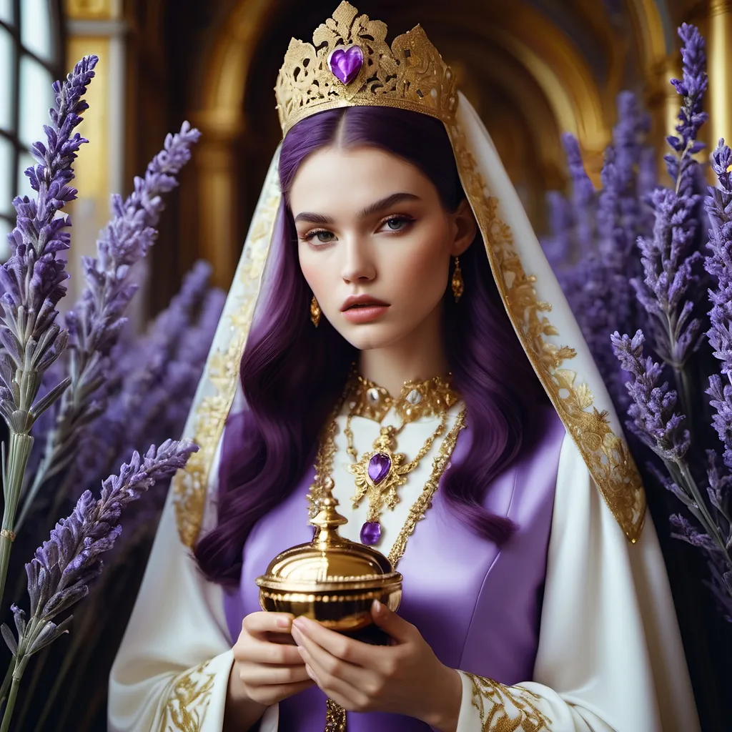 Prompt: SHivering of evil intention deep in her eyes , glamorous supermodel, heart attack gastronomy fashion holy ark of covenant discovery, gold gilded details I feel the lavender haze creepin' up on me , shimmering, photography by Romina ressia , SLim aarons, , Fan Ho,Animorphia - Kerby Rosanes, James christensen , 16K HD, sharp focus, attention to details