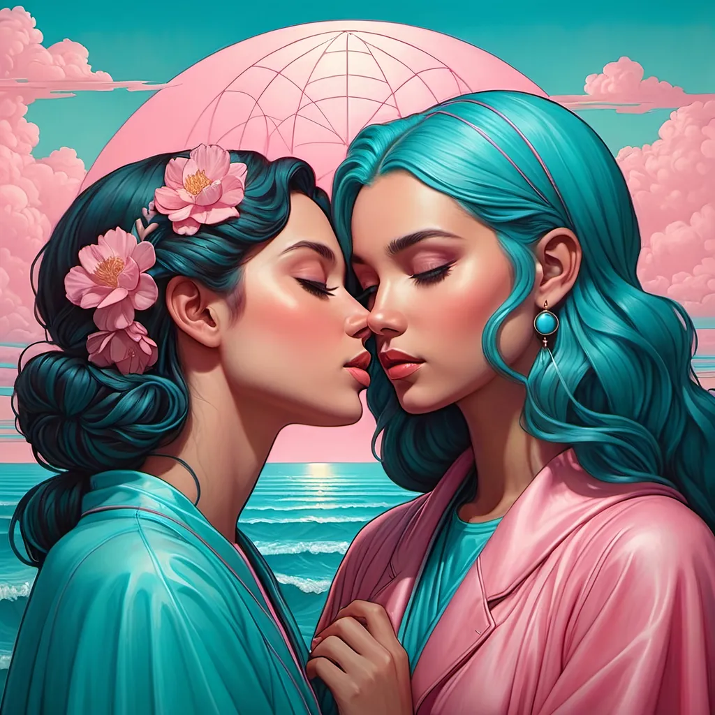 Prompt: muted pink sky and blue aqua sisyphean miracle minimalist emotionally impactful beauty in a surreal pop art style whispering in quirky fun casey weldon mucha davinci and guweiz illustration painting