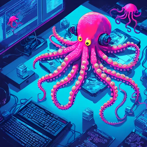 Prompt: Octopus coding at desk, wearing headphones, energy drink, snack, petting dog, playing piano, lifting dumbbell, digital illustration, vibrant colors, detailed tentacles, professional, highres, detailed coding environment, multi-tasking octopus, modern setting, futuristic technology, energetic lighting