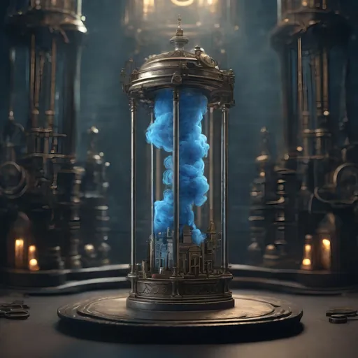 Prompt: An antique glass cylinder bound in a complex metal armature and a complex locking sealed top, containing swirling glowing blue smoke. It is surrounded by a miniature city. Occult dark-background, smoke-filled room, steampunk, octane render, 16k