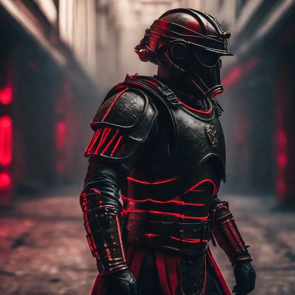 Prompt: A modern roman military male in black military armor covered in red L.E.D. strips, galea helmet of roman armor, and gas mask, background World War 3, Hyperrealistic, sharp focus, Professional, UHD, HDR, 8K, Render, electronic, dramatic, vivid, pressure, nervous vibe, loud, tension, dark, Epic