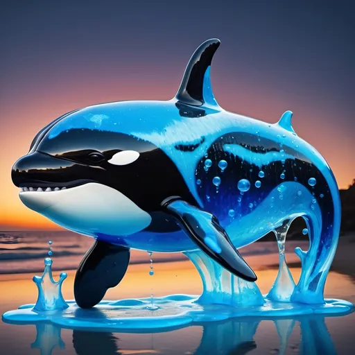 Prompt: A behemoth Orca made of vivid blue water with white bubbles within and has fins and dripping with blue slime, background night beach, in vibrant glass art style