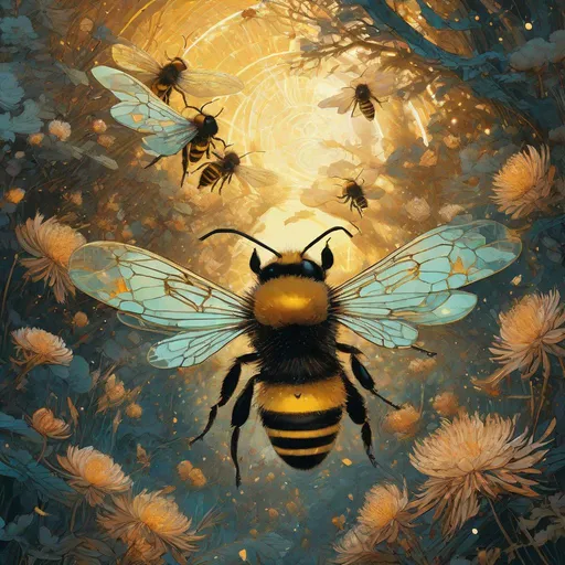Prompt: killer bees on the swarm, starry sky, highly detailed, intricate motifs, organic tracery, perfect composition, digital painting, artstation, concept art, smooth, sharp focus, illustration, Carne Griffiths,  Victo ngai, Jean Baptiste Monge, shiny aura, old but robust, bright but deep 