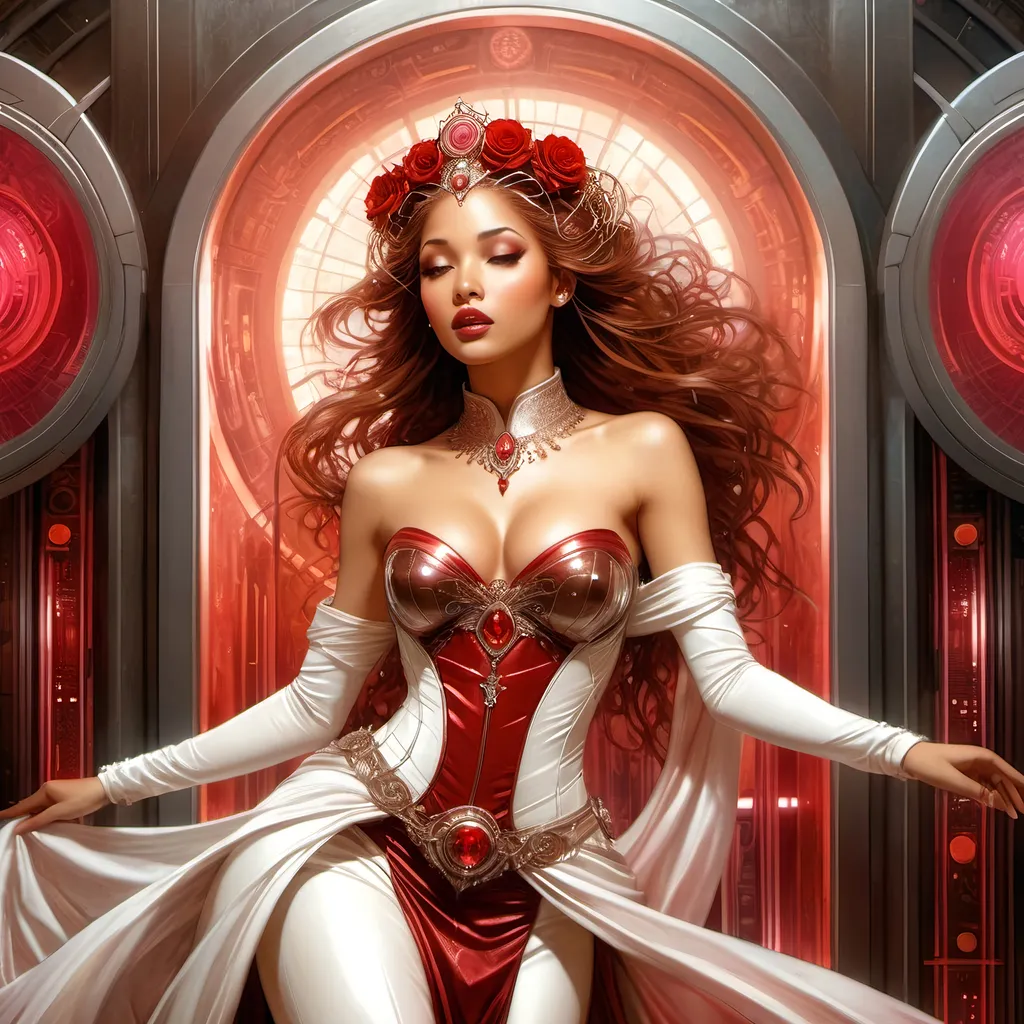 Prompt: Alphonse Mucha Style,,Luis Royo masterpiece art style, light brown skinned fairytale princess, elaborate red, ruby, rose gold colored fantasy wedding gown, magically appears in a high security cyberpunk server room, thin, tall white bald man jumps back, surprised expression, elaborate gown details, high quality, detailed, fantasy, retro-futuristic, princess, cyberpunk, server room, rich color tones, dramatic lighting,,<lora:Alphonse Mucha Style:1>