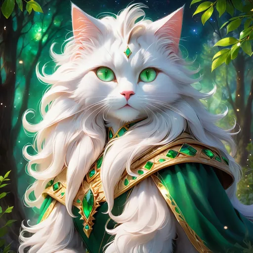 Prompt: wizard cat with {green fur} and {emerald green eyes}, senior female cat, earth element, trees, Erin Hunter, gorgeous anime portrait, beautiful cartoon, 2d cartoon, beautiful 8k eyes, elegant {white fur}, pronounced scar on chest, fine oil painting, modest, gazing at viewer, beaming green eyes, glistening green fur, low angle view, zoomed out view of character, 64k, hyper detailed, expressive, timid, graceful, beautiful, expansive silky mane, deep starry sky, golden ratio, precise, perfect proportions, vibrant, standing majestically on a tall crystal stone, hyper detailed, complementary colors, UHD, HDR, top quality artwork, beautiful detailed background, unreal 5, artstaion, deviantart, instagram, professional, masterpiece