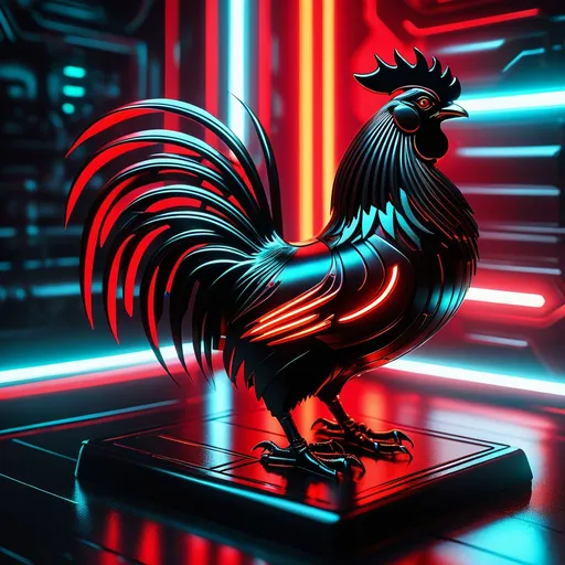 Prompt: rooster mech, metallic and sleek design, futuristic sci-fi style, intense red and black color scheme, sparkling neon lights, miniature scale, highres, ultra-detailed, sci-fi, futuristic, metallic sheen, intense color scheme, miniature scale, neon lights, detailed design, professional, atmospheric lighting