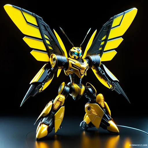 Prompt: Tiny hornet mech, metallic and sleek design, futuristic sci-fi style, detailed mechanical wings, intense yellow and black color scheme, sparkling neon lights, miniature scale, highres, ultra-detailed, sci-fi, futuristic, metallic sheen, mechanical wings, intense color scheme, miniature scale, neon lights, detailed design, professional, atmospheric lighting