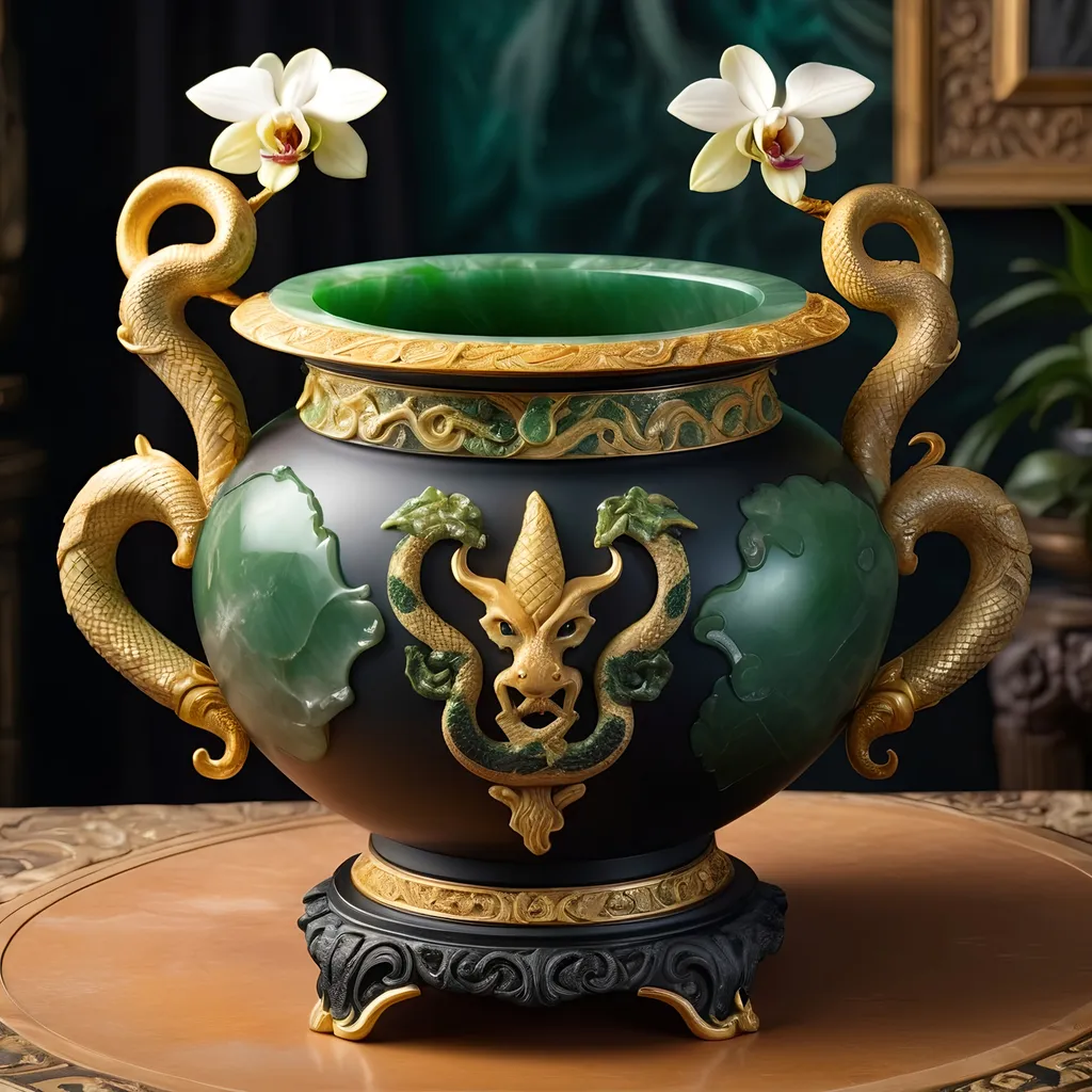 Prompt: Onyx and jade pot, gold serpent handles, ancient mystical artifact, detailed carvings, luxurious material, high quality, fantasy, antique style, rich green and black tones, dramatic lighting, intricate details, orchids inside