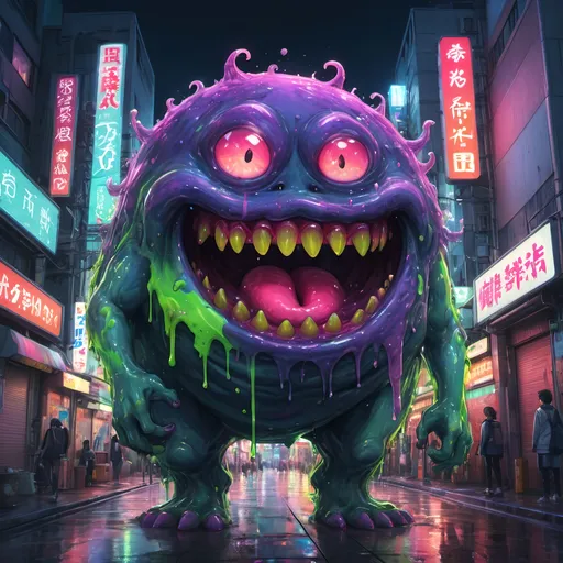 Prompt: Anime illustration of a vibrant slime monster, bright and vivid colors, urban Tokyo street setting, oozing texture, detailed gooey substance, playful and mischievous expression, neon-lit cityscape, high quality, anime, vibrant colors, ooze, Tokyo street, detailed texture, mischievous expression, urban setting, neon lights, highres, playful