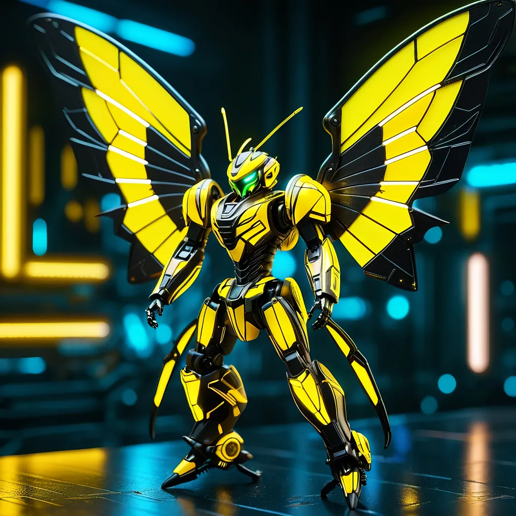 Prompt: Tiny hornet mech, metallic and sleek design, futuristic sci-fi style, detailed mechanical wings, intense yellow and black color scheme, sparkling neon lights, miniature scale, highres, ultra-detailed, sci-fi, futuristic, metallic sheen, mechanical wings, intense color scheme, miniature scale, neon lights, detailed design, professional, atmospheric lighting