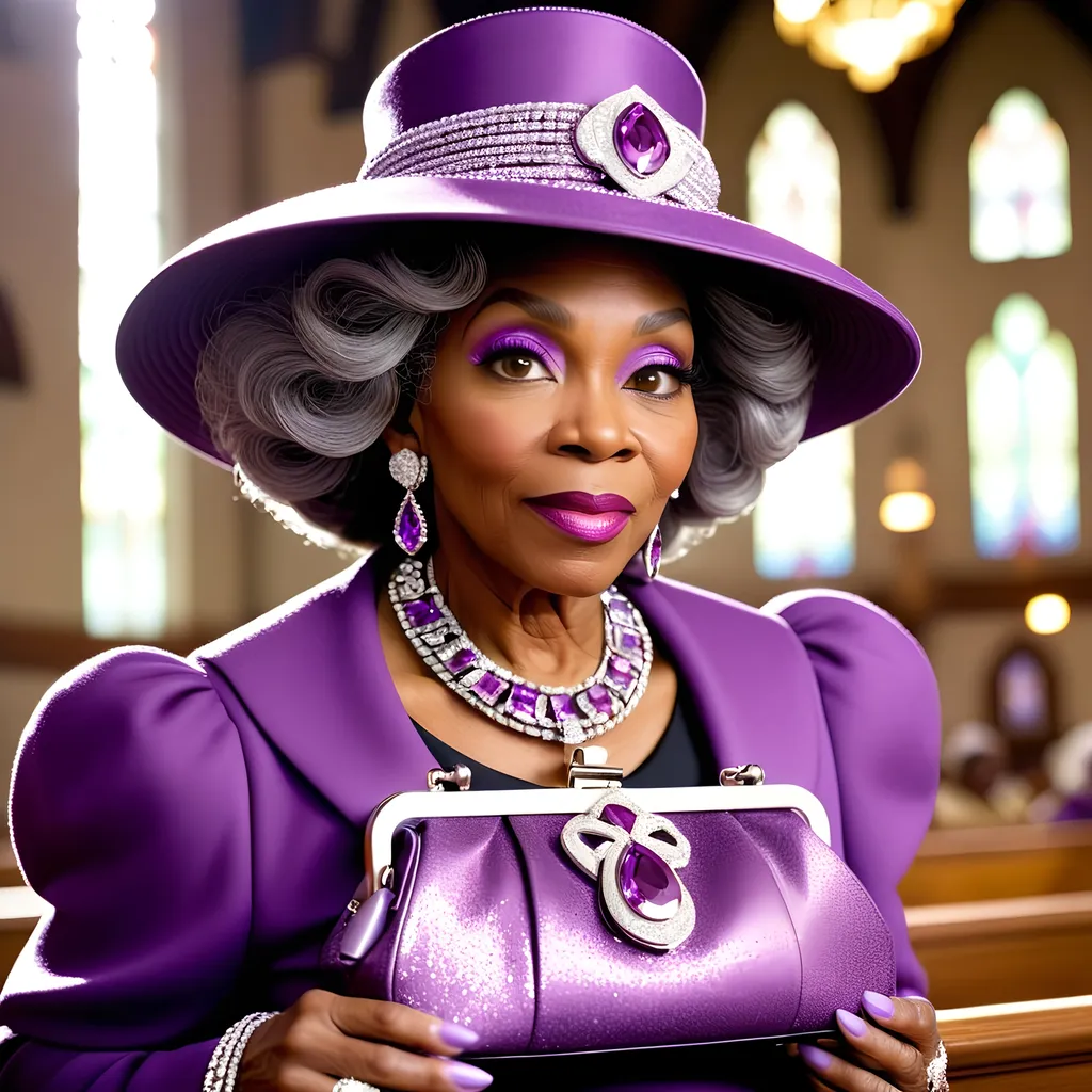 Prompt: elderly black woman in church. Wearing purple hat and purple church outfit.Wearing diamond encrusted purse, diamond chains and diamond rings. Purse is full of 100 dollar bills. Close up.