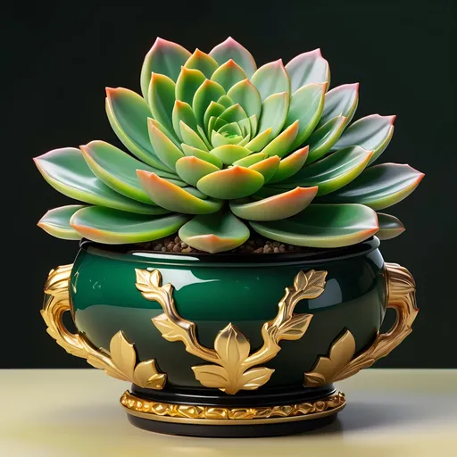 Prompt: Onyx and jade pot with neon succulent, gold handles, highres, detailed, realistic painting, vibrant colors, natural lighting, intricate details, luxurious material, botanical illustration, elegant design, rich green tones, polished surfaces, high quality, realistic, succulent, onyx and jade pot, vibrant, natural lighting, intricate details, luxurious material, botanical illustration, elegant design, rich green tones, polished surfaces