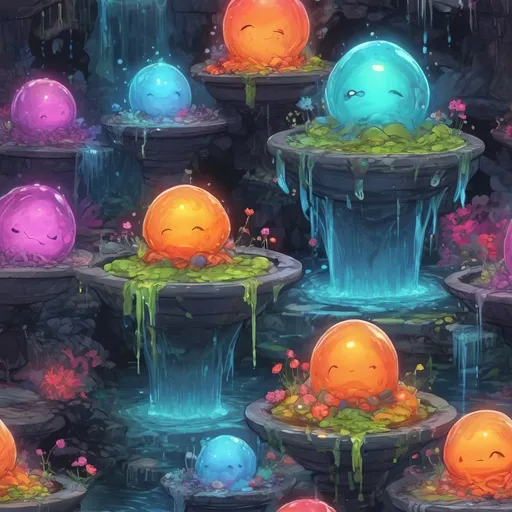 Prompt: A four-way fountain each side filled with strange glowing dancing slimes in many colors, in zen tangle art style

