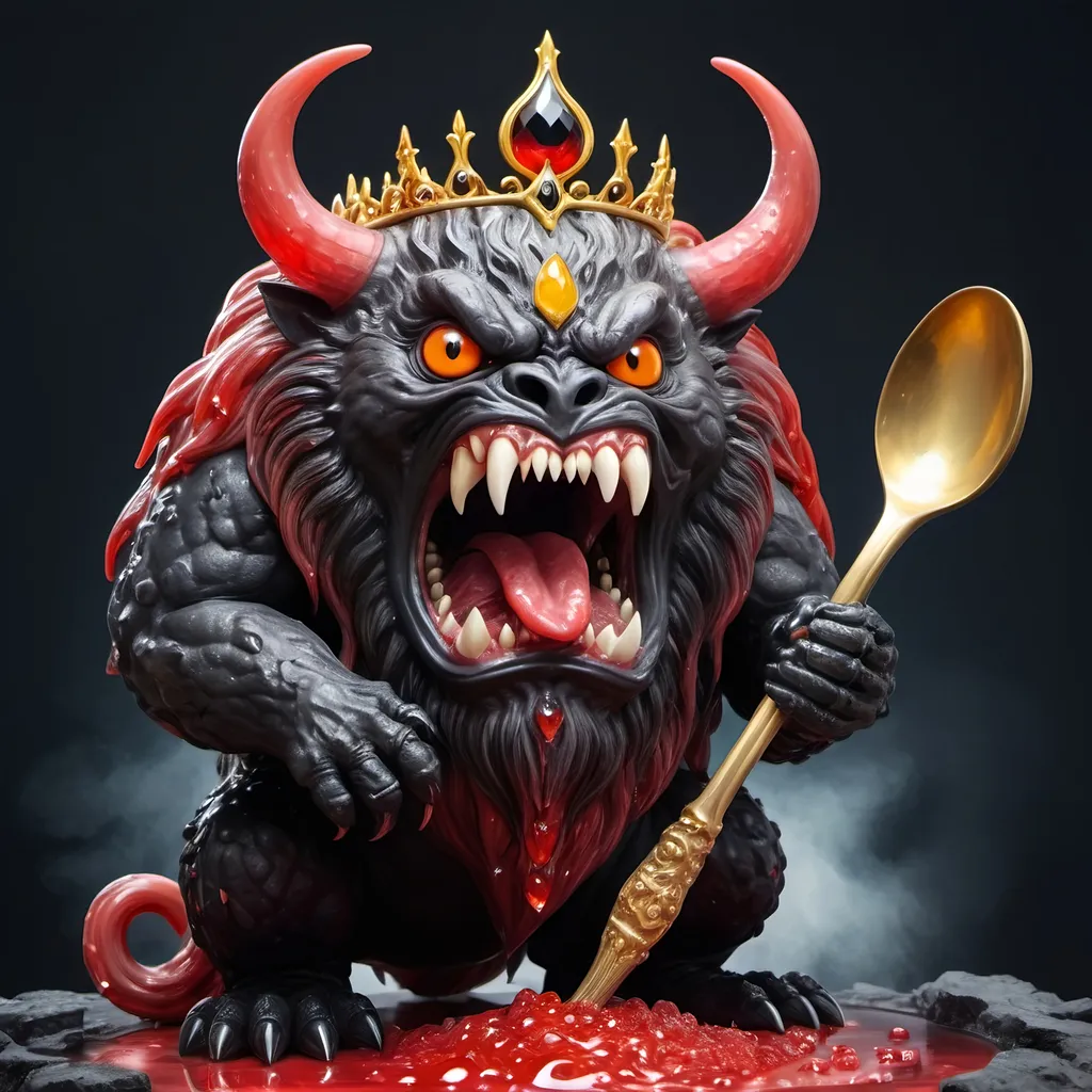 Prompt: A round behemoth with racing red slime-like skin and a yellow tongue and evil eyes with a mane of black onyx crystals holding a oversized spoon, wearing a tiara in  magical art style