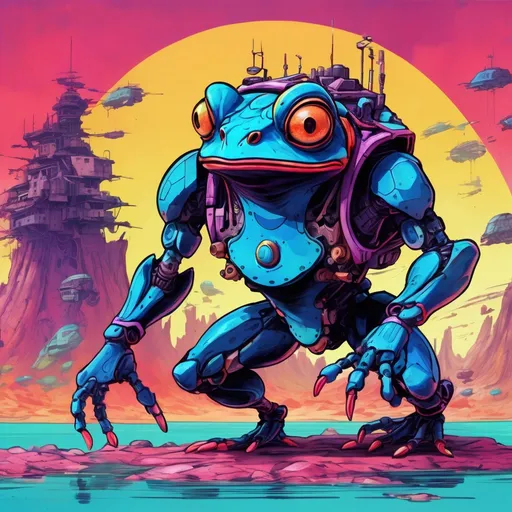 Prompt: Giant frog mech hunting some poor souls.
Science Fiction, Retrofuturism, Body horror, Cosmic Horror, Fine inking, Clean linework, comic illustration, flat shading, Colour transitions, Maximalism, Beautifully illustrated forms, beautiful background scenery, Warm and cold colour mix, Triadic colour palette, Dark vibrancy, Complexity, Storytelling, Dynamic Poses, High quality, Sharp focus, Tight colour range, Full scene, Filmic, 