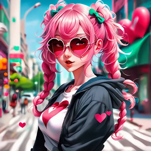 Prompt: anime woman, pink hair with bangs in two braids, heart shaped sunglasses, dynamic pose, urban setting, cute anime art style