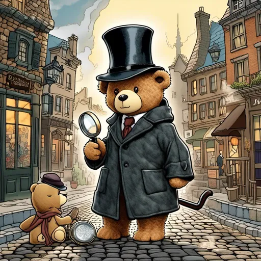 Prompt: a teddy bear dressed as Sherlock Holmes with a long wool coat and detective hat, holding a magnifying glass. he is surrounded by an old cobblestone city background.
Sherlock Holmes cosplay+mystery+ detective <mymodel> the dimensions should be 10.312” W x 3.875” H.