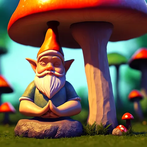 Prompt: a gnome meditating to expand his third eye. He sits criss-cross apple sauce on top of a large mushroom
