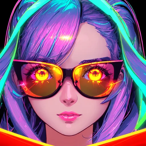 Prompt: Digital art of a girl enveloped in neon light shades. Her glasses mirror the vibrant colors, and her appearance is akin to flowing metal. The UHD resolution brings out every detail, and the golden light casts a shimmering effect. The design is characterized by bold lines, radiant colors, and a throwback retro aesthetic.
