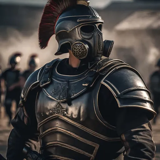 Prompt: A modern roman military male in black military armor galea helmet of roman armor, and gas mask, background military base, Hyperrealistic, sharp focus, Professional, UHD, HDR, 8K, Render, electronic, dramatic, vivid, pressure, stress, nervous vibe, loud, tension, traumatic, dark, cataclysmic, violent, fighting, Epic