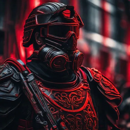 Prompt: A modern roman military male in black military armor covered in red L.E.D. strips, galea helmet of roman armor, and gas mask, background World War 3, Hyperrealistic, sharp focus, Professional, UHD, HDR, 8K, Render, electronic, dramatic, vivid, pressure, nervous vibe, loud, tension, dark, Epic