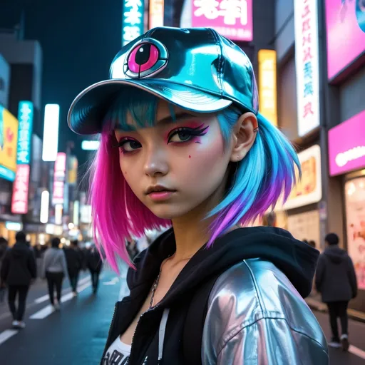 Prompt: Liquid metal Harajuku girl with vibrant colors, a squirtle cap hat, futuristic fashion, neon-lit streets, anime, cyberpunk, metallic sheen, colorful hair, edgy makeup, urban setting, highres, vibrant colors, cyberpunk, liquid metal, anime, futuristic, neon-lit streets, vivid and vibrant, metallic sheen, edgy makeup, urban setting, high quality