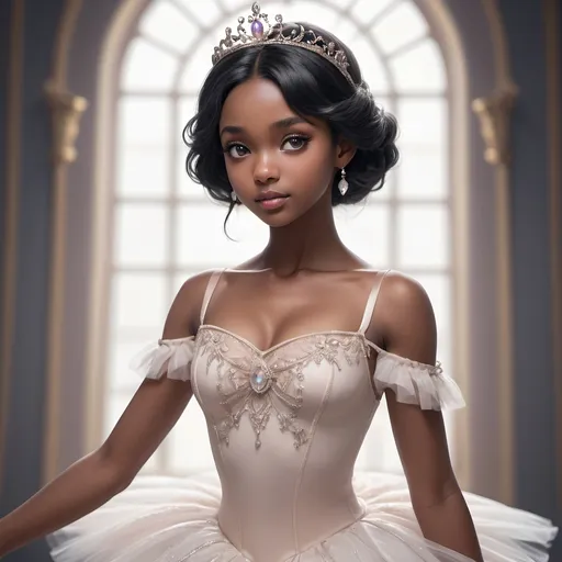 Prompt: Gorgeous dark-skinned ballerina anime, raven black hair, Snow White princess, ballet dress, delicate tiara, elegant pose, detailed eyes, highres, ultra-detailed, anime, fantasy, elegant, delicate, graceful, ballet, princess, regal, classical style, soft pastel tones, enchanting lighting