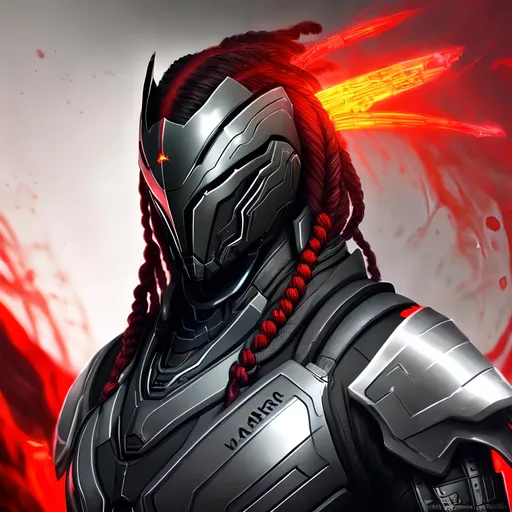 Prompt: lean black male with long braided hair and a scarred face, wearing silver biomechanical warframe armor. he is surrounded by glowing red mist. Behance HD, airbrush art
