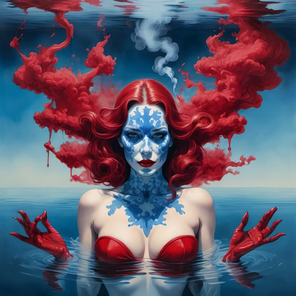 Prompt:  the rorschach pin up lady of smoke and mirrors in a blue water and red ink land, surreal, photorealistic 