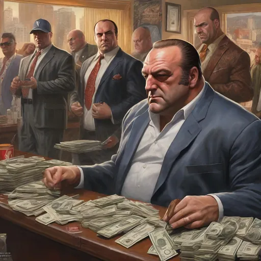 Prompt: Tony Soprano  GTAV,  Guns, thugs, money, guns, ski masks, baseball bats, cityscape atmosphere, box art style, extremly hyper detailed painting by Greg Rutkowski and by Henry Justice Ford and by Steve Henderson, detailed artwork by Roxie Vizcarra and by Stephen Bliss.